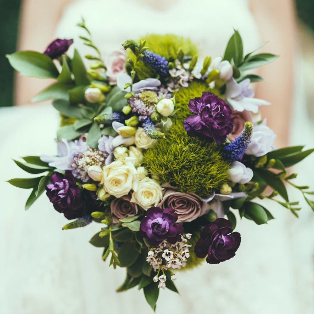Purple and white and green bridal bouquet