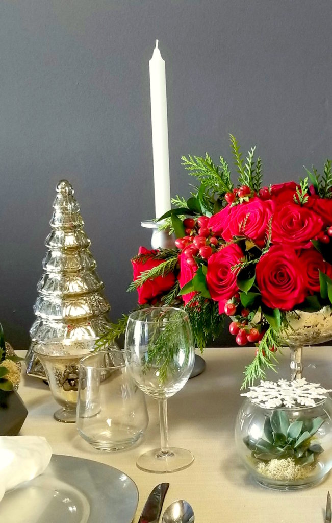 Mercury glass Christmas tree table scape